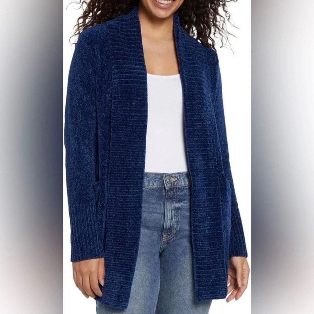 Orvis Chenille Open Front Cardigan Sweater‎ Blue Women S Soft Granola Gorpcore